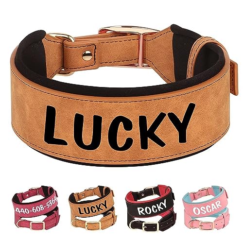 PET ARTIST Personalisierte PU Leder Hundehalsband für Großen Hund. Weiches Dickes Gepolstertes Hundehalsband mit Großem Namen für Rottweiler Mastiff Dogge, Braun XL von PET ARTIST