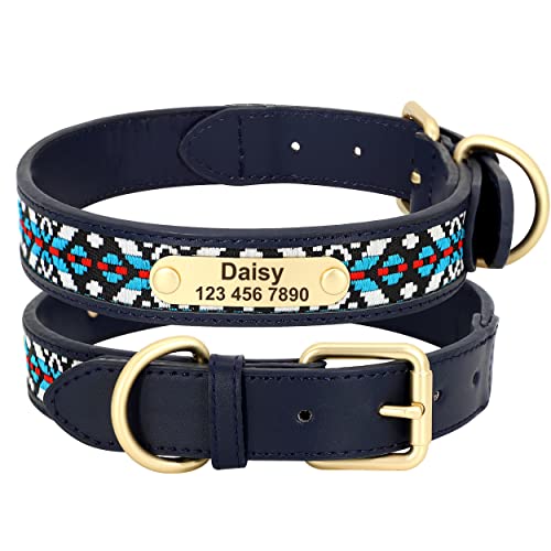 PET ARTIST Personalisiertes Hundehalsband mit Namen und Nummer, Leder-Hundehalsband mit Stickereien für kleine, mittelgroße und große Hunde, S-Halsumfang für 28–36 cm, Wellenblau von PET ARTIST