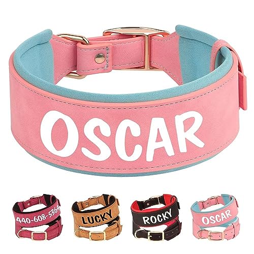 PET ARTIST Personalisiertes PU Leder Hundehalsband für Mittlere Große Hunde mit Weich Gepolstert, Benutzerdefiniertes Hundehalsband mit Namen, Bequemes Rosa Hundehalsband für Mädchen, L von PET ARTIST