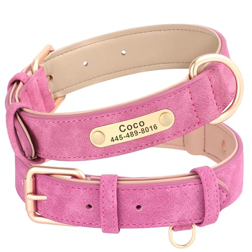 PET ARTIST Personalized Leather Dog Collar with Name Plate，Soft Padded Custom Dog Collars for Small Medium Large Dog，Pink,M, von PET ARTIST
