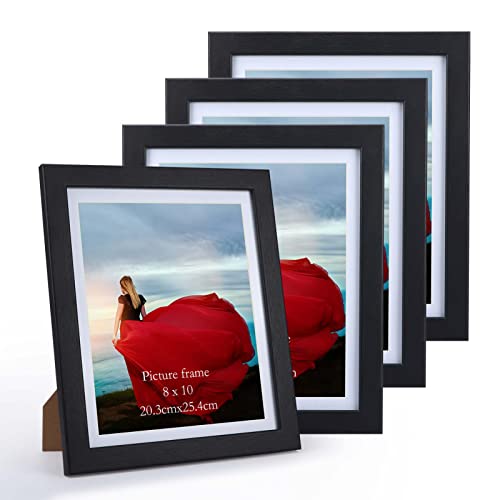 PETAFLOP 4er-Set Bilderrahmen 20x25 CM mit Passepartout, Fotorahmen Schwarz MDF mit HD-Glas für Fotos 23x28 CM ohne Passepartout, Tisch- oder Wandbefestigung von PETAFLOP