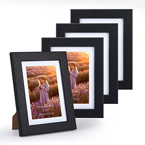 PETAFLOP Bilderrahmen 10x15 Schwarz 4er Set mit Passepartout, Fotorahmen 13x18 CM mit HD-Glas ohne Passepartout, Tisch- oder Wandbefestigung oder Wandbefestigung von PETAFLOP