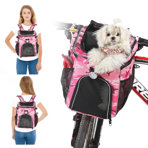 PETCUTE Haustier Fahrradtasche für Hunde Katzen,Faltbarer Hundekorb Fahrrad Vorne mit Seitentaschen,Atmungsaktiv Fahrradkorb Vorne für Kleine Mittlere Hunde mit Reflektierende Bänder und Licht von PETCUTE