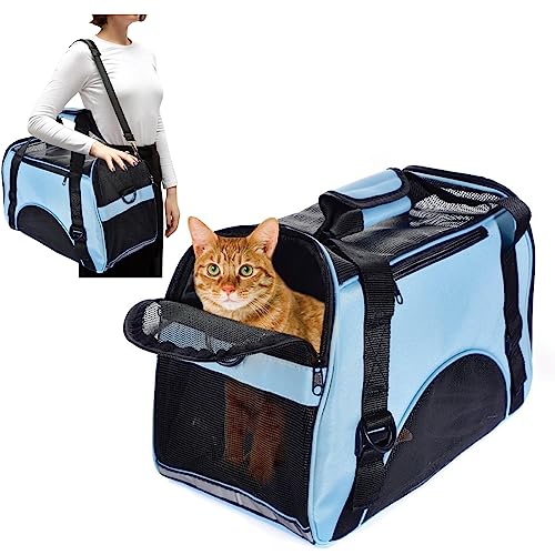 PETCUTE Hunde Tragetaschen,Transporttasche Katze Tragetasche,Faltbar Transporttasche für Kleine Hunde Katzen Haustier Taschen Blau L von PETCUTE