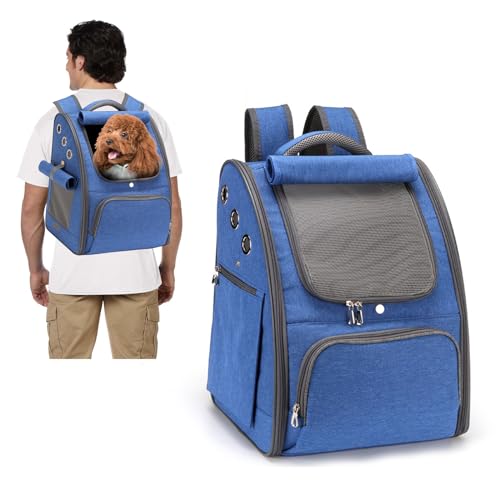 PETCUTE Hunderucksack Atmungsaktiv Katzenrucksack Hundetragetasche Faltbar Haustier Rucksäcke Wanderrucksack für Kleine Hunde und Katzen Blau von PETCUTE