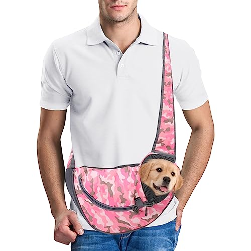 PETCUTE Hundetragetasche Tragetuch,Verstellbare Transporttasche für Haustiere,Welpen Umhängetasche für Outdoor Reisen,Atmungsaktiv Haustiertragetasche mit Sicherheitsleine,Bis zu 4kg,Rosa,L von PETCUTE