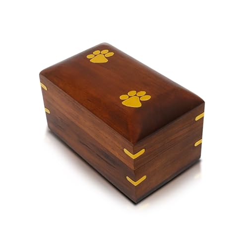 PETCUTE Kleine Urne für Hunde und Katzen, aus Holz, Handgefertigt, Eingelegt, Holzurnen für Haustiere mit Messingpfoten,Beerdigungsurnen für Haustierasche, Mini-Andenken von PETCUTE