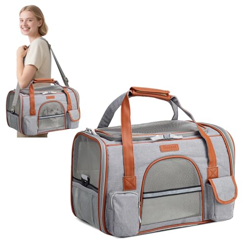 PETCUTE Transportbox Katze und Hunde,Katzentransportbox mit Abnehmbare Matte,Faltbare Atmungsaktiv Katzentasche mit Reflektierender Streifen,Verstellbarer Schultergurt,Airline Genehmigt von PETCUTE