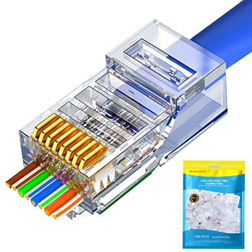 PETECHTOOL RJ45 Cat6 Cat5 Steckerenden, vergoldet, 8P8C Ethernet-Pass-Through-Stecker, 100 Stück von PETECHTOOL