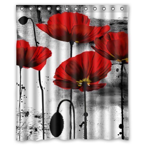 PETGOOD Duschvorhang Schöne Weinlese-rote Mohnblumen-Blumen-Tinten-Malerei-Kunst-Entwurf viele schöne Duschvorhänge zur Auswahl, hochwertige Qualität, Wasserdicht, Anti-Schimmel-Effekt 180 x 200 cm von PETGOOD