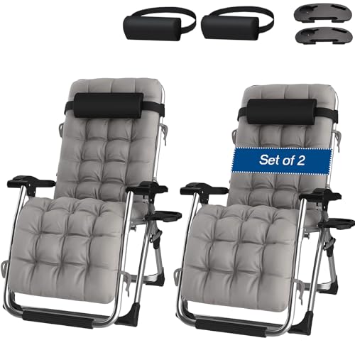 Liegestuhl Klappbar,Liegestühle 2er Set Gartenstuhl mit Fußteil Relaxstuhl mit Liegefunktion outdoor für Camping Garten Büro Balkon Relaxsessel, bis 200kg Belastbar (B-mit Grauem Kissen, 2 pack) von PETHOMEL