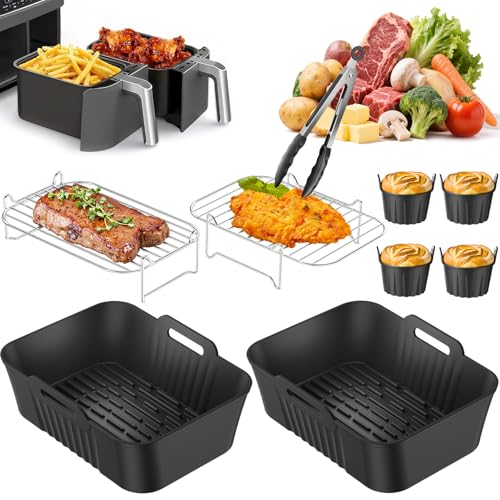 PETHREE Ninja Heißluftfritteuse Zubehör, 9 Stück Airfryer Zubehör für Ninja Dual Zone AF400EU AF300EU 7,6L–9,5L, Grillrost #304 Edelstahl, Silikonform Heißluftfritteuse BPA-frei, Air Fryer Accessories von PETHREE