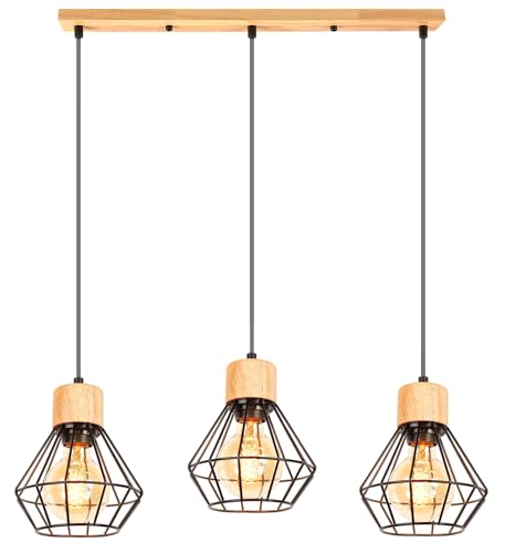 3 Flammige Pendelleuchte Vintage Industrie Hängelampe Schwarz Design E27 Lampe aus Holz und Metall mit Geometrischem Käfig Hängeleuchte Retro Deckenleuchte für Wohnzimmer Esstisch Küche von PETITES ECREVISSES