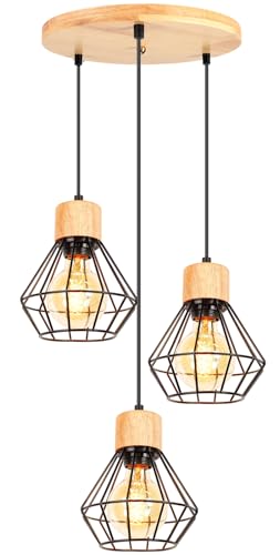 3 Flammige Pendelleuchte Vintage Industrie Hängelampe Schwarz Design E27 Lampe aus Holz und Metall mit Geometrischem Käfig Hängeleuchte Retro Deckenleuchte für Wohnzimmer Esstisch Küche 3 Flammige Pendelleuchte Vintage Industrie Hängelampe Schwarz Design E27 Lampe aus Holz und Metall mit Geometrischem Käfig Hängeleuchte Retro Deckenleuchte für Wohnzimmer Esstisch Küche von PETITES ECREVISSES