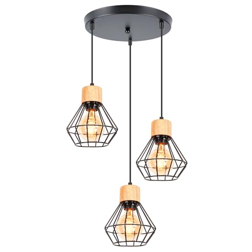 3 Flammige Pendelleuchte Vintage Industrie Hängelampe Schwarz Design E27 Lampe aus Holz und Metall mit Geometrischem Käfig Hängeleuchte Retro Deckenleuchte für Wohnzimmer Esstisch Küche 3 Flammige Pendelleuchte Vintage Industrie Hängelampe Schwarz Design E27 Lampe aus Holz und Metall mit Geometrischem Käfig Hängeleuchte Retro Deckenleuchte für Wohnzimmer Esstisch Küche von PETITES ECREVISSES