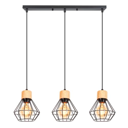 3 Flammige Pendelleuchte Vintage Industrie Hängelampe Schwarz Design E27 Lampe aus Holz und Metall mit Geometrischem Käfig Hängeleuchte Retro Deckenleuchte für Wohnzimmer Esstisch Küche von PETITES ECREVISSES
