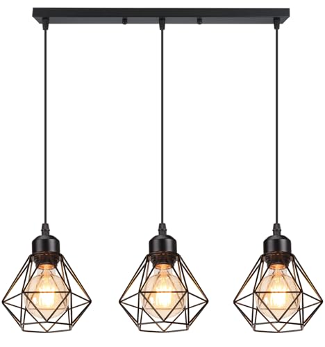 PETITES ECREVISSES 3 Flammige Pendelleuchte Vintage Industrie Hängelampe Schwarz mit Geometrischem Design E27 Lampe aus Eisen Käfig Hängeleuchte Retro Deckenleuchte für Wohnzimmer Esstisch Küche von PETITES ECREVISSES
