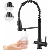 3 Wege Wasserhahn Küche 3 in 1 Küchenarmatur Ausziehbar Trinkwasserhahn aus Messing Spültischarmatur mit 3/8 Zoll Wasserzulaufrohr Schwarz von PETITES ECREVISSES