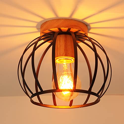 E27 Deckenleuchte Industrial Vintage Metall Sphärische Hängeleuchte Schwarz Lampenschirm Loft Retro Pendelleuchte LED Design Industrial Style (Mit Holz-1pack) von PETITES ECREVISSES