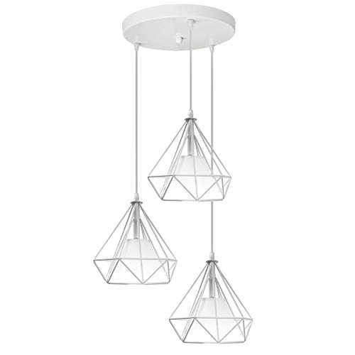 Hängeleuchte Industrielle 3 Lampen, Kronleuchter aus Metall, Diamant-Design, für Wohnzimmer / Schlafzimmer / Küche (weiß mit einem runden Sockel) von PETITES ECREVISSES