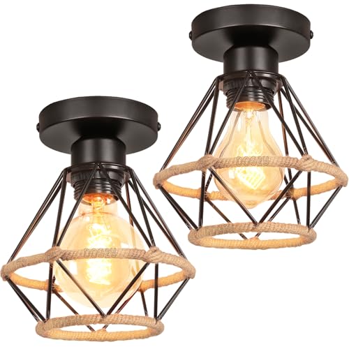 PETITES ECREVISSES 2 Stück Deckenleuchte Industrial Vintage Deckenlampe Retro E27 Hängeleuchte mit Hanfseil und Metall Design Pendelleuchte Schwarz Hängelampe 160mm für Esstisch Küche Esstisch von PETITES ECREVISSES