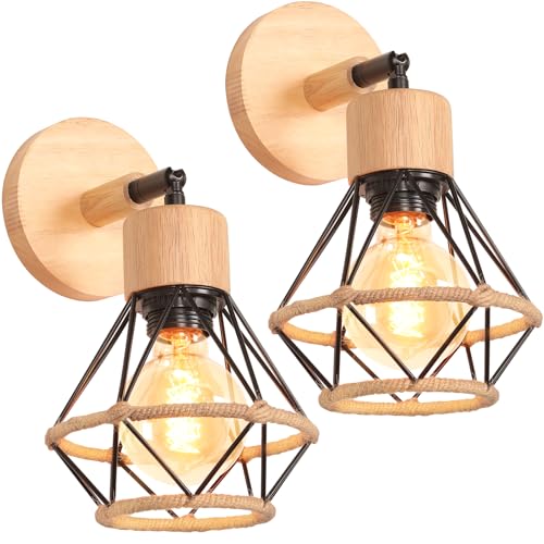 PETITES ECREVISSES 2 Stück Wandleuchte Innen Vintage Wandlampe Schwarz Industrial Innen Lampe Einstellbarer Lampenschirm 16CM Metall und Holz Deckenleuchte für Schlafzimmer Flur Wohnzimmer von PETITES ECREVISSES