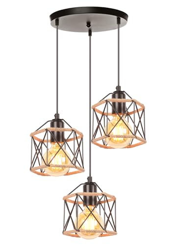 PETITES ECREVISSES 3 Flammige Pendelleuchte Industrie Hängelampe Schwarz Metall Pendellampe 16CM Design mit Hanfseil Deckenleuchte E27 Für Wohnzimmer Café Restaurant von PETITES ECREVISSES