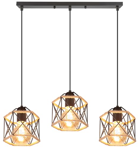 PETITES ECREVISSES 3 Flammige Pendelleuchte Industrie Hängelampe Schwarz Metall Pendellampe 16CM Design mit Hanfseil Deckenleuchte E27 Für Wohnzimmer Café Restaurant von PETITES ECREVISSES