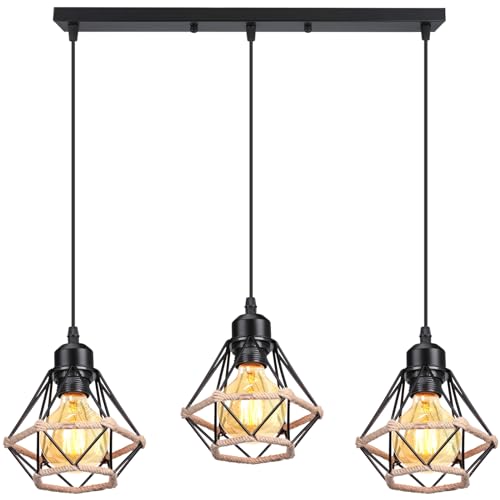 PETITES ECREVISSES 3 Flammige Pendelleuchte Industrie Hängelampe Schwarz Metall Pendellampe 16CM Design mit Hanfseil Deckenleuchte E27 Für Wohnzimmer Café Restaurant von PETITES ECREVISSES