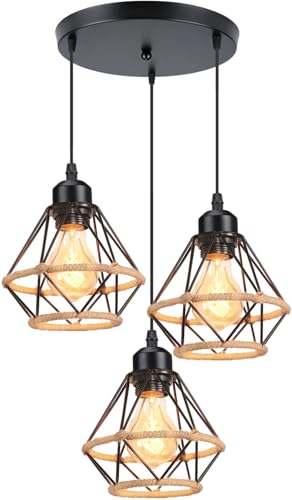 PETITES ECREVISSES 3 Flammige Pendelleuchte Industrie Hängelampe Schwarz Metall Pendellampe 16CM Design mit Hanfseil Deckenleuchte E27 Für Wohnzimmer Café Restaurant von PETITES ECREVISSES