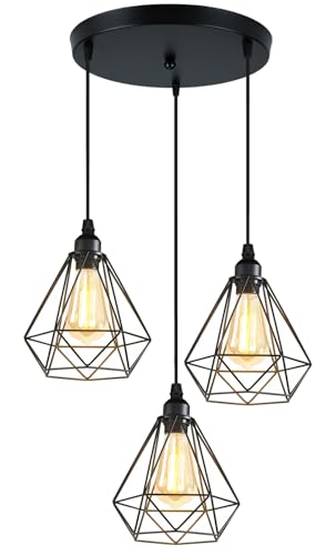 PETITES ECREVISSES 3 Flammige Pendelleuchte Vintage Industrie Hängelampe Schwarz mit Geometrischem Design E27 Lampe aus Eisen Käfig Hängeleuchte Retro Deckenleuchte für Wohnzimmer Esstisch Küche von PETITES ECREVISSES