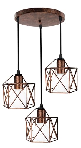 PETITES ECREVISSES 3 flammig Pendelleuchte Industrielle Vintag Hängeleuchte E27 Deckenleuchter mit Sechseck Design Lampe aus Eisen Käfig Lampenschirm Rostig für Wohnzimmer Esstisch Küche von PETITES ECREVISSES