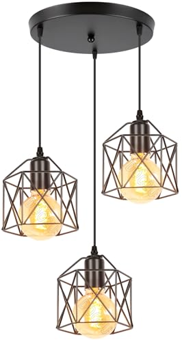 PETITES ECREVISSES 3 flammig Pendelleuchte Industrielle Vintag Hängeleuchte E27 Deckenleuchter mit Sechseck Design Lampe aus Eisen Käfig Lampenschirm für Wohnzimmer Esstisch Küche von PETITES ECREVISSES