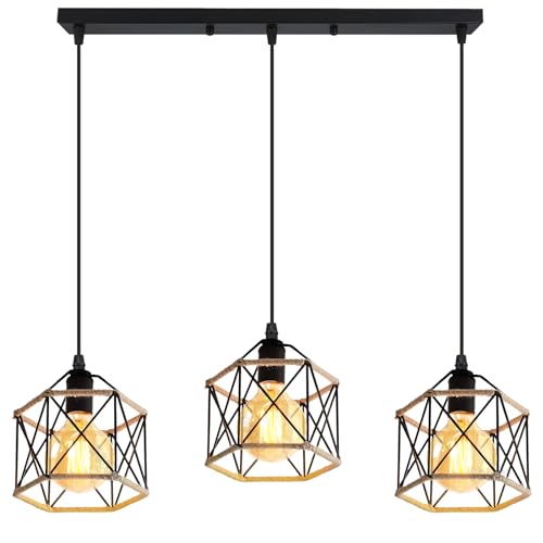 PETITES ECREVISSES 3 flammig Pendelleuchte Industrielle Vintag Hängeleuchte E27 Deckenleuchter mit Sechseck Design Lampe aus Eisen mit Hanfseil Pendellampe für Wohnzimmer Esstisch Küche von PETITES ECREVISSES