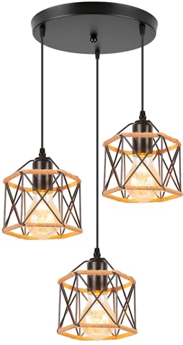 PETITES ECREVISSES 3 flammig Pendelleuchte Industrielle Vintag Hängeleuchte E27 Deckenleuchter mit Sechseck Design Lampe aus Eisen mit Hanfseil Pendellampe für Wohnzimmer Esstisch Küche von PETITES ECREVISSES