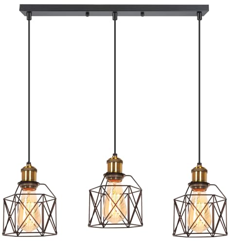 PETITES ECREVISSES 3 flammig Pendelleuchte Industrielle Vintag Hängeleuchte E27 Deckenleuchter mit Sechseck Design Lampe aus Eisen mit Holz Pendellampe für Wohnzimmer Esstisch Küche von PETITES ECREVISSES