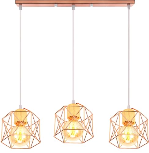 PETITES ECREVISSES 3 flammig Pendelleuchte Industrielle Vintag Hängeleuchte E27 Deckenleuchter mit Sechseck Design Lampe aus Eisen mit Holz Pendellampe für Wohnzimmer Esstisch Küche von PETITES ECREVISSES