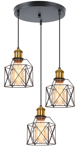 PETITES ECREVISSES 3 flammig Pendelleuchte Industrielle Vintage Hängeleuchte E27 Deckenleuchter mit Sechseck Design Lampe aus Eisen mit Holz Pendellampe für Wohnzimmer Esstisch Küche von PETITES ECREVISSES
