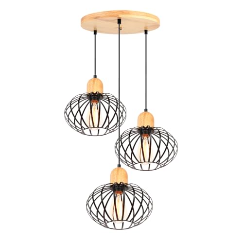 PETITES ECREVISSES 3 flammige Pendelleuchten Industrielle, Hängeleuchte Vintage Deckenleuchte E27 Lampenschirm aus Metall und Holz Hängelampe Schwarz 22cm Für Schlafzimmer Wohnzimmer (Holzbasis 30cm) von PETITES ECREVISSES