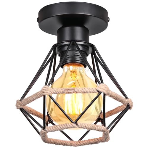 PETITES ECREVISSES Deckenleuchte Industrial Vintage Deckenlampe Retro E27 Hängeleuchte mit Hanfseil und Metall Design Pendelleuchte Schwarz Hängelampe 160mm für Esstisch Küche Esstisch von PETITES ECREVISSES