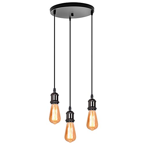PETITES ECREVISSES Hängeleuchte Industrial E27 Edison Pendelleuchte Vintage 3-Flammig Metall Retro Deckenleuchte DIY Lampenschirm (ohne Leuchtmittel) (Schwarz - mit runder Basis) von PETITES ECREVISSES