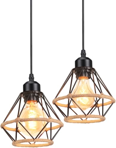 PETITES ECREVISSES 2 Stück Hängeleuchte Vintage Pendelleuchte Industrie Hängelampe Schwarz Metall Pendellampe 16CM Design mit Hanfseil Deckenleuchte E27 Für Wohnzimmer Café Restaurant von PETITES ECREVISSES