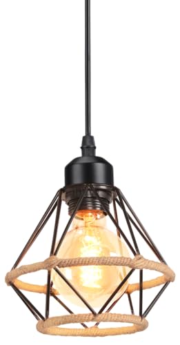 PETITES ECREVISSES Hängeleuchte Vintage Pendelleuchte Industrie Hängelampe Schwarz Metall Pendellampe 16CM Design mit Hanfseil Deckenleuchte E27 Für Wohnzimmer Café Restaurant von PETITES ECREVISSES