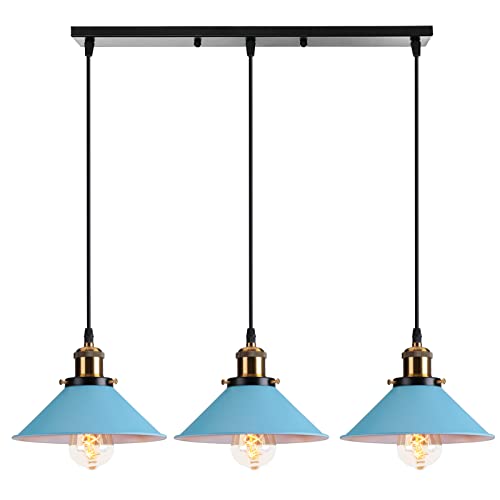 PETITES ECREVISSES Pendelleuchte 3 flammig Vintage Hängeleuchte E27 Retro Hängelampe Industrielle Metall Lampenschirm 22cm Deckenleuchte Design für Küche Wohnzimmer Esszimmer (Blau) von PETITES ECREVISSES