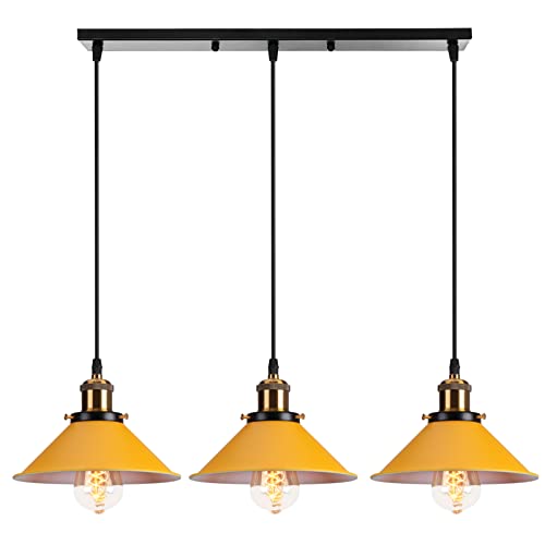 PETITES ECREVISSES Pendelleuchte 3 flammig Vintage Hängeleuchte E27 Retro Hängelampe Industrielle Metall Lampenschirm 22cm Deckenleuchte Design für Küche Wohnzimmer Esszimmer (Gelb) von PETITES ECREVISSES