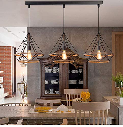PETITES ECREVISSES 3 Flammige Pendelleuchte Industrie Hängelampe Schwarz Metall Pendellampe 25cm Design mit Hanfseil Deckenleuchte E27 Für Wohnzimmer Café Restaurant von PETITES ECREVISSES