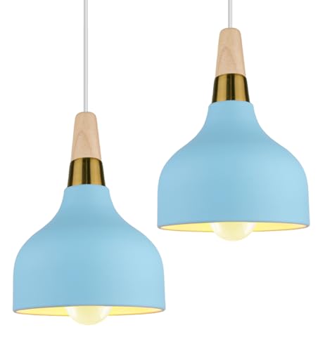 PETITES ECREVISSES Pendelleuchte Moderne Hängeleuchter Vintage E27 Industrielle Deckenleuchte Innen Hängelampe Metall und Holz Beleuchtung für Küche Esszimmer Schlafzimmer (Blau-2 Stück) von PETITES ECREVISSES