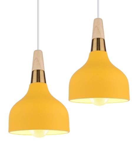 PETITES ECREVISSES Pendelleuchte Moderne Hängeleuchter Vintage E27 Industrielle Deckenleuchte Innen Hängelampe Metall und Holz Beleuchtung für Küche Esszimmer Schlafzimmer (Gelb-2 Stück) von PETITES ECREVISSES