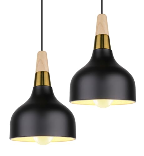 PETITES ECREVISSES Pendelleuchte Moderne Hängeleuchter Vintage E27 Industrielle Deckenleuchte Innen Hängelampe Metall und Holz Beleuchtung für Küche Esszimmer Schlafzimmer (Schwarz-2 Stück) von PETITES ECREVISSES
