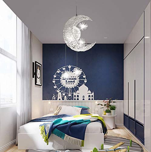 PETITES ECREVISSES Pendelleuchten Mond und Sterne LED Kronleuchter Aluminium Deckenleuchte Ø38cm Hängelampe Kreative mit 5 Glühbirnen für Kinder Schlafzimmer Wohnzimmer von PETITES ECREVISSES
